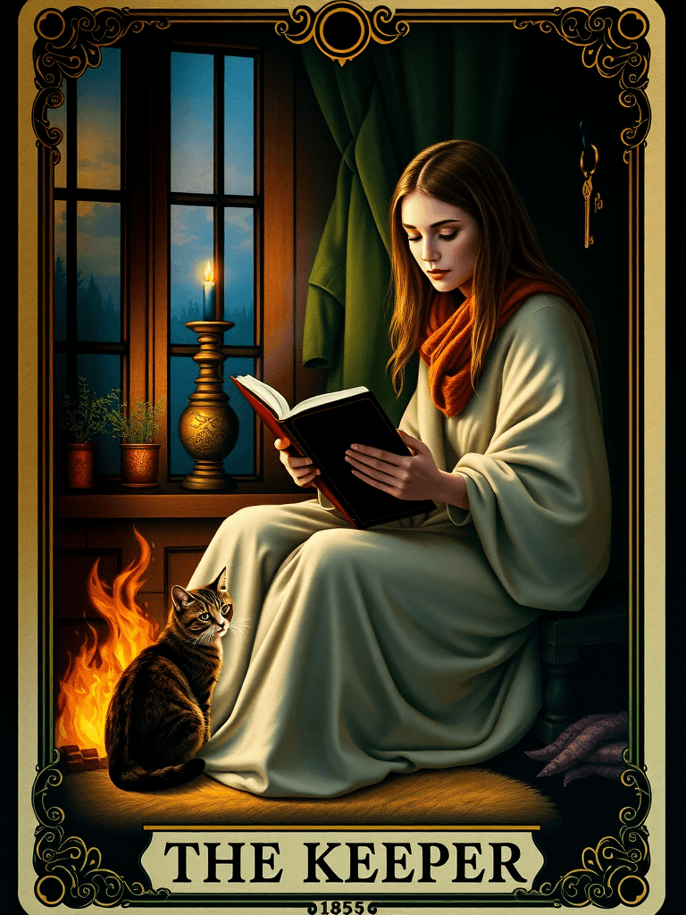 The Keeper — a serene figure by a hearth, a book and a cup in hand, a cat at their feet