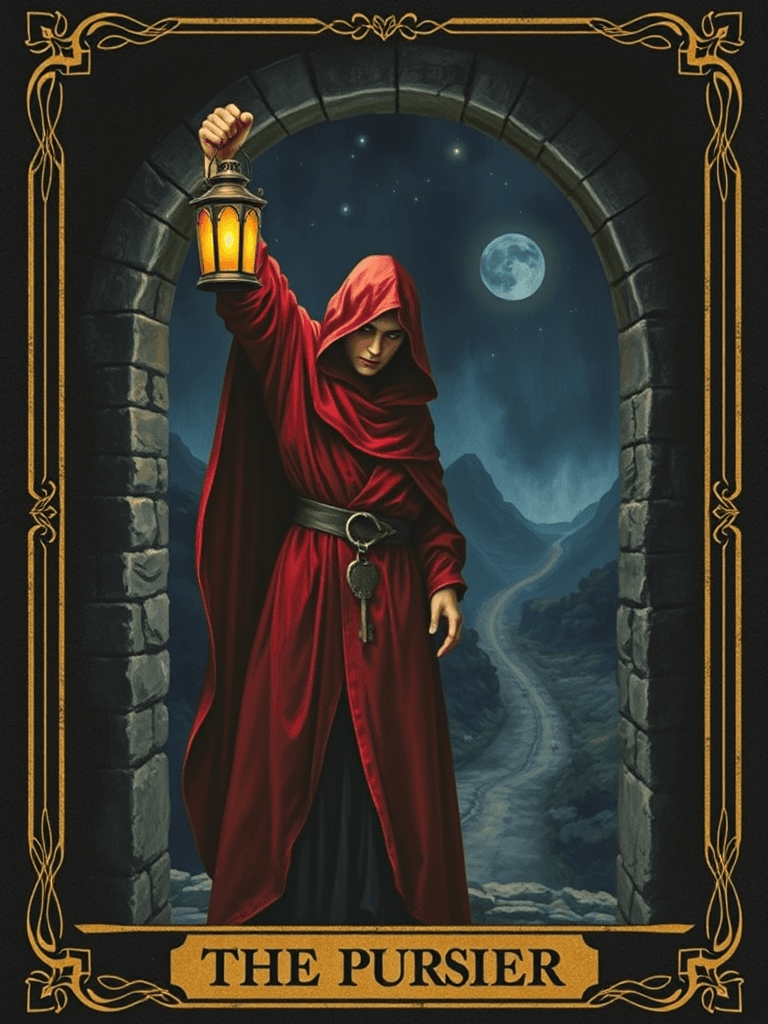 The Pursuer — a cloaked figure in crimson, lantern raised, an iron key at the belt