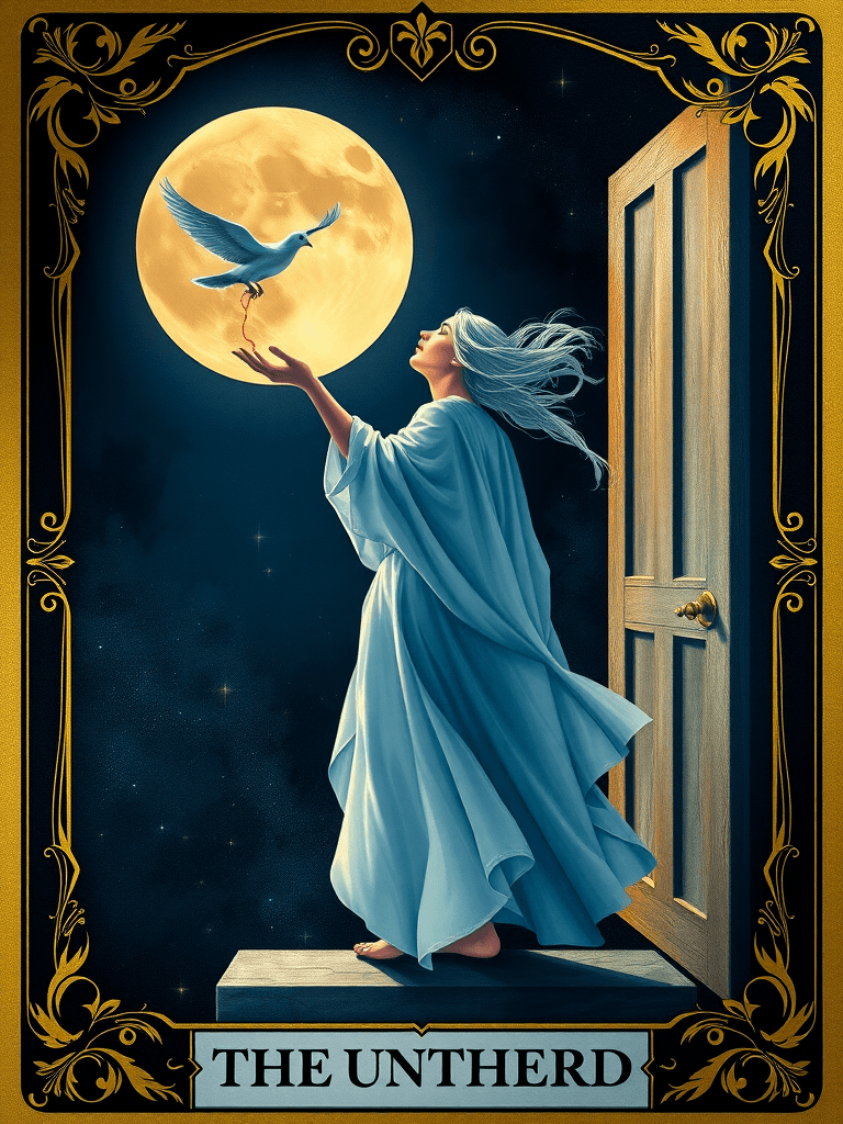 The Untethered — an ethereal figure at a moonlit threshold, releasing a white dove into a starlit sky