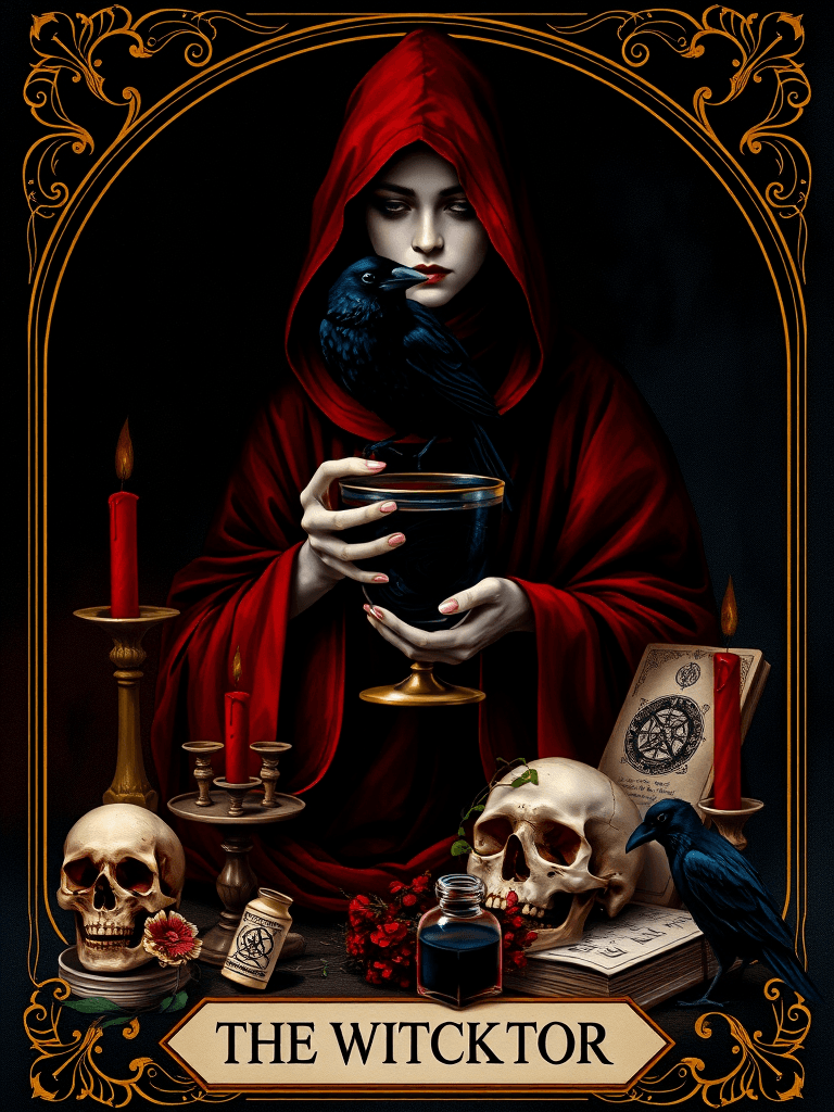 The Witch Doctor — a hooded figure in crimson and black, chalice in hand, surrounded by herbs and candles