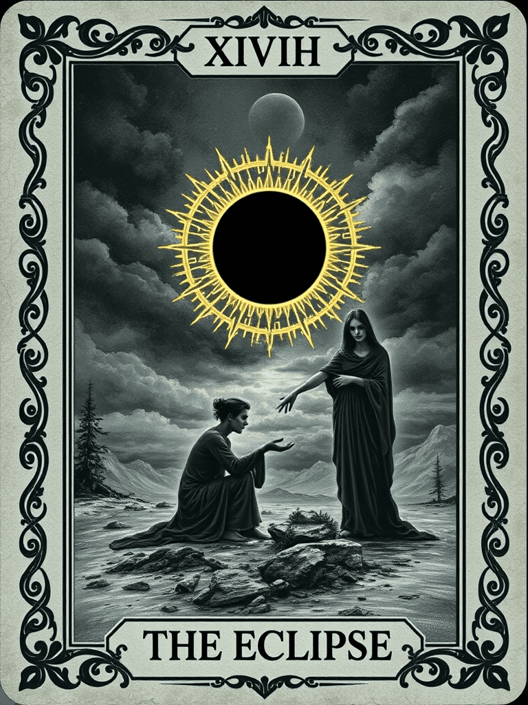 The Eclipse — two figures in an ancient rocky landscape under a blackened sky crowned by a brilliant white-gold solar corona; one figure dissolving into shadow, the other reaching out in reverence and grief
