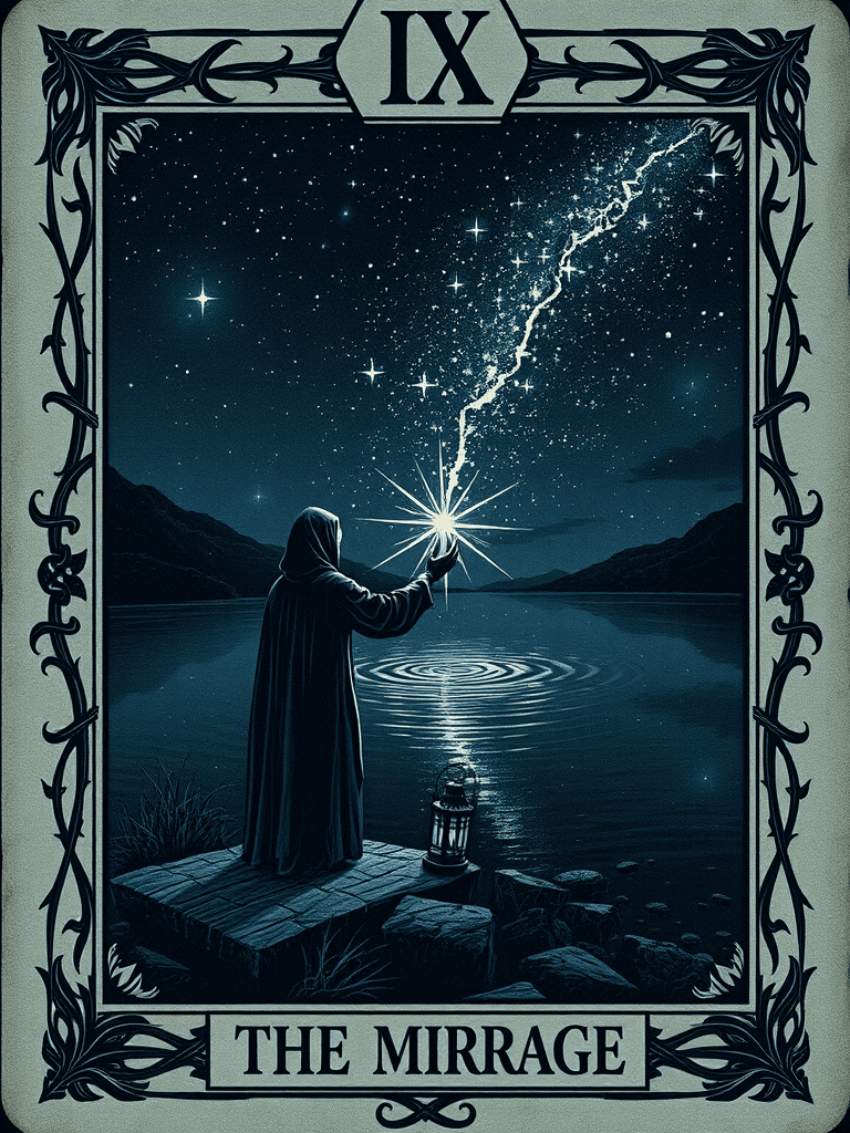 The Mirage — a figure reaching toward a shimmering reflection in a vast, glassy lake beneath a night sky