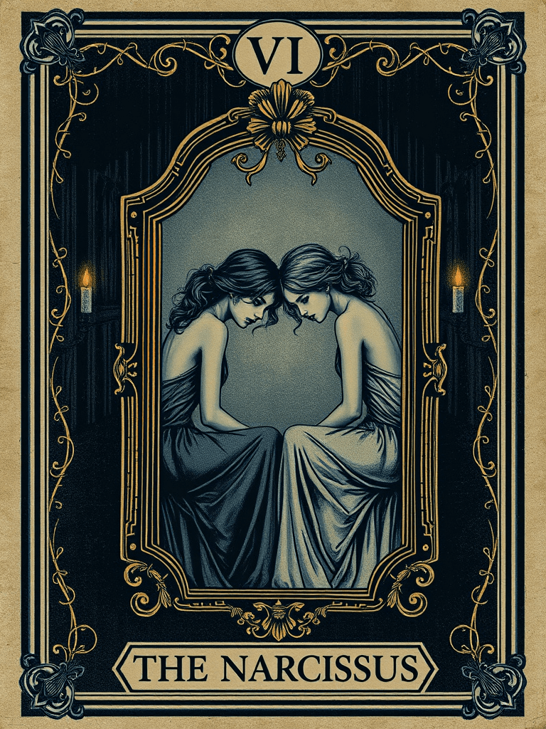 The Narcissus — two figures sitting on opposite sides of an ornate brass mirror, foreheads almost touching, eyes locked on the glass