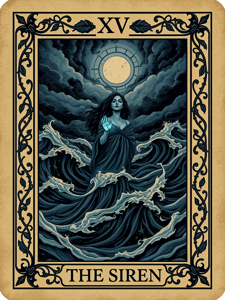 The Siren — a mesmerizing figure rising from churning dark ocean waves, one hand extended forward casting a soft bioluminescent teal glow, jagged cliffs looming under a stormy sky